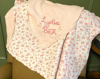Muslin cotton gauze swaddle blanket. Double thickness, personalized, embroidered baby blanket