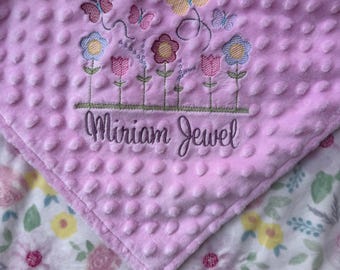 Personalized floral embroidered minky baby blanket, baby girl gift