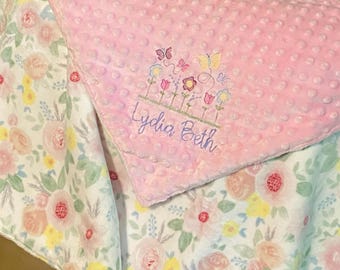 Personalized, embroidered minky baby blanket, pink floral, girls