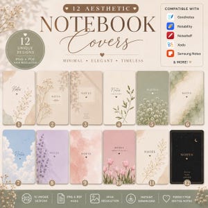 Op de afbeelding: Een digitale collectie van 12 esthetische notitieboekcovers in PNG- en PDF-formaat. De ontwerpen bevatten diverse illustraties, waaronder botanische elementen, aquareltexturen, wolken en bloemmotieven in zachte neutrale, pastel- en zwarte tinten.