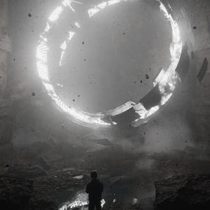May include: A grayscale digital art piece depicts a person standing before a large, glowing, fragmented ring. The scene is set in a dark, rocky environment with particles suspended in the air, creating a dramatic atmosphere.