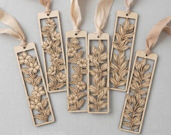 Floral Bookmark SVG Laser Cut Files Botanical Wooden Bookmarks Flower Engraved Designs For Glowforge Cricut