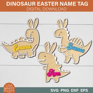 Etiquetas de cesta de Páscoa para crianças svg Etiquetas de dinossauro com orelhas de coelho Etiquetas de madeira para nome de Páscoa svg Etiquetas de presente de Páscoa svg Arquivos cortados a laser Arquivos Glowforge