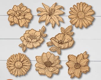 Flower Magnet svg bundle Wood Engraved Magnet Laser Cut Files Flower Ornaments svg Floral Ornaments svg Line Art Flower Glowforge Cricut