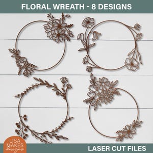 Corona floral SVG Marco floral SVG Archivos cortados con láser Monograma circular SVG Clipart de flores silvestres PNG Corona de boda Svg Glowforge Cricut