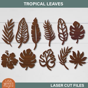 May include: A set of 10 laser cut tropical leaf designs. The leaves are in various shapes and sizes, and are made of a dark brown wood. The designs are perfect for crafting projects, home decor, or scrapbooking.