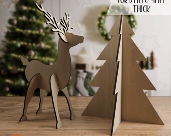 Standing Christmas Tree and Deer SVG Tabletop Decor 3D Wood Tree SVG Deer Laser Cut file Holiday Table Shelf Sitter Files Glowforge CNC