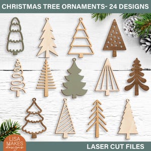 Könnte beinhalten: Eine Sammlung lasergeschnittener Weihnachtsbaumschmuck aus Holz in verschiedenen Designs. Die Ornamente sind in Braun-, Grün- und Naturholztönen gehalten. Der Text "CHRISTMAS TREE ORNAMENTS- 24 DESIGNS" und "LASER CUT FILES" ist sichtbar.