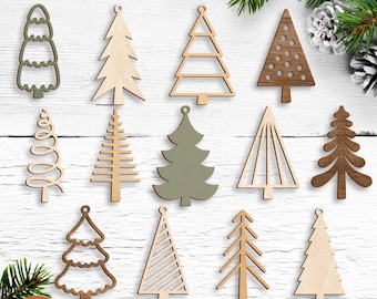 Christmas Tree SVG Bundle Christmas Ornaments Laser Cut Files Wooden Xmas Tree Decor Glowforge Christmas Ornament Templates