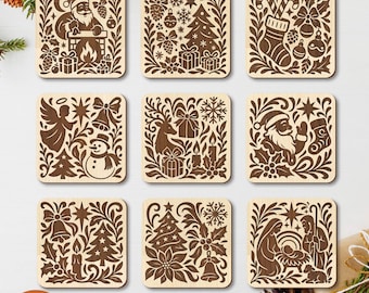 Christmas Coaster Laser Cut Files 9 Xmas decor svg set Engraving Designs for Glowforge Wooden Holiday Drink Coaster Digital Download