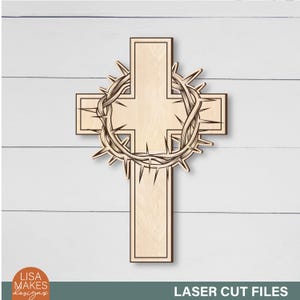 Archivos cortados con láser de la corona de espinas y cruz svg, signo cristiano, Jesús svg, religioso svg, versículo bíblico svg, Él ha resucitado svg, Pascua svg, archivos Glowforge