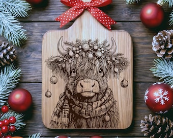 Highland Cow Cutting Board Engraving svg Christmas Charcuterie Board Laser File Farmhouse Kitchen Glowforge svg Holiday Laser File