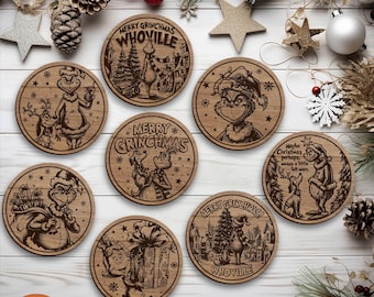 Christmas Coaster SVG Bundle Laser Engraving Files Merry Christmas Designs Glowforge xTool CNC Cut Wooden Holiday Decor Merry Grinchmas