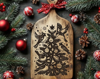 Christmas Cutting Board Engraving File Retro Christmas Tree SVG Farmhouse Kitchen Board Laser Cut Christmas Tray & Charcuterie Template