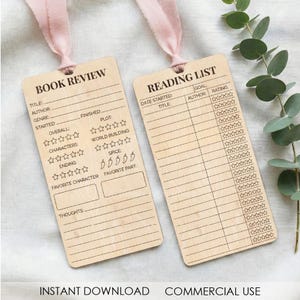 May include: Two wooden bookmarks with pink ribbon ties. One bookmark is labeled "BOOK REVIEW" with fill-in sections for title, author, and ratings. The other is labeled "READING LIST" with sections for date started, title, and author.