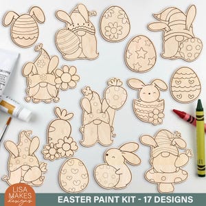 May include: An Easter paint kit featuring 17 wooden designs, including bunnies, gnomes, and Easter eggs. The unpainted designs are ready for customisation. The kit includes a variety of shapes and sizes, ideal for crafting and decorating.