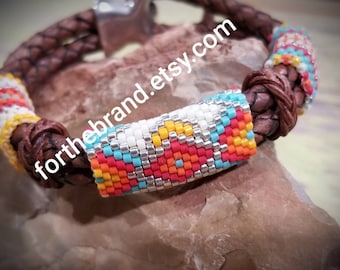 Apache Sky Beaded Bracelet on Brown Bolo Leather