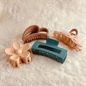 May include: Four hair claw clips in various shapes and colors. There is a flower-shaped clip, a heart-shaped clip, a rectangular clip, and a clip with an intertwined design. The colors include peach, brown, and teal.