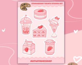 May include: A pink sticker sheet featuring illustrations of strawberry-themed treats. The sheet includes images of a cake, a bubble tea, a parfait, a slice of cake, a carton of milk, and a jar of jam. The text "Strawberry Treats Sticker Set" is at the top.