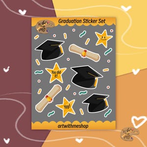 Hoja de pegatinas de graduación: birretes, diplomas, estrellas y confeti. Pegatinas divertidas para agendas infantiles, adolescentes, diarios y álbumes de recortes.