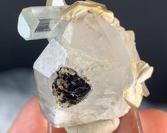 10 Gram, Natural Terminated Quartz Crystal Combine With schrol, Muscovite And Aquamarine Crystal