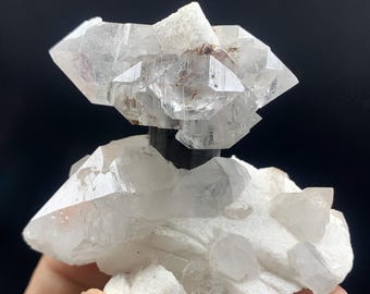 Natural Quartz Crystals with Schrol Rutile and Feldspar Matrix, Self-Standing Specimen