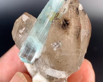 19 Gram, Terminated Natural Blue Aquamarine Crystal Combine With Smoky Quartz