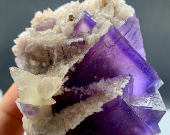275 Gram, Terminated Natural Purple Phantoms Fluorite Crystal Combine With White Calcite
