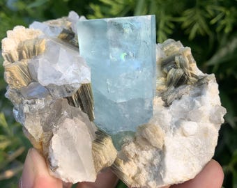 290 Gram, Top Grade Natural Blue Aquamarine Crystal Combine With Muscovite Mica.