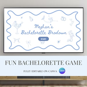 Può includere: Un display digitale mostra un'interfaccia di gioco con contorno blu e il testo "Meghan's Bachelorette Brodown". Il gioco presenta illustrazioni di sirene, cocktail e anelli. Sotto, viene visualizzato il testo "FUN BACHELORETTE GAME".