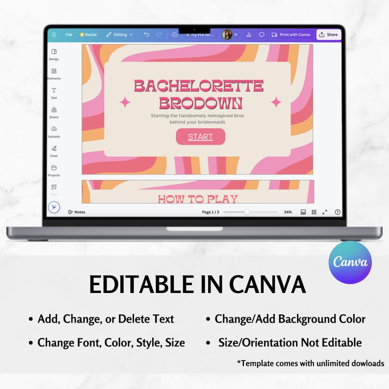 May include: A laptop screen shows a bachelorette party game design with the title "BACHELORETTE BRODOWN" in a retro style. The screen features a pink, orange, and beige wavy pattern. Below the laptop, the text "EDITABLE IN CANVA" is displayed, with bullet points detailing the template's features.