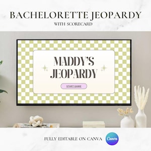 Bachelorette Jeopardy Game Template | Bridal Jeopardy PowerPoint Game Template | Green Retro Bachelorette Party Game | Editable in Canva
