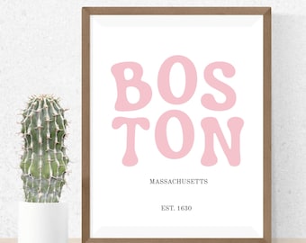 Boston Typography Art Print | Pink Groovy Boston Print | Massachusetts City Art | Boston Art Multiple Sizes | Digital Download