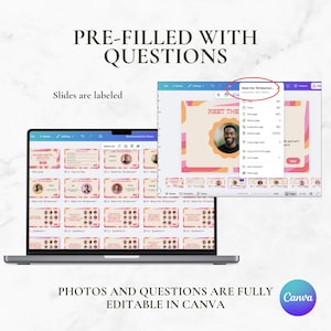 May include: A laptop screen shows a presentation titled "Meet the Bridesmen." The slides are labelled and pre-filled with questions. The text "PHOTOS AND QUESTIONS ARE FULLY EDITABLE IN CANVA" is also visible.