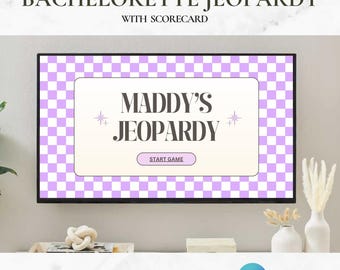 Plantilla de Jeopardy para despedida de soltera / Plantilla de PowerPoint de Jeopardy para despedida de soltera / Juego de despedida de soltera retro morado / Editable en Canva