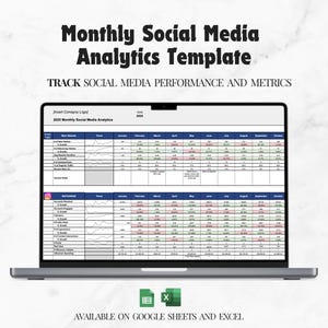 以下が含まれることがあります： ソーシャルメディアの月次分析を追跡するためのスプレッドシートテンプレートを表示しているラップトップコンピューター。スプレッドシートには、ウェブサイトのトラフィック、Instagramのフォロワー、エンゲージメント指標の列が含まれています。このテンプレートは、GoogleスプレッドシートとExcelで利用できます。