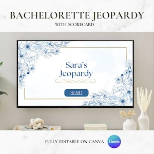 Bachelorette Jeopardy Game Template | Bridal Jeopardy PowerPoint Game Template | Blue Elegant Bachelorette Party Game | Editable in Canva