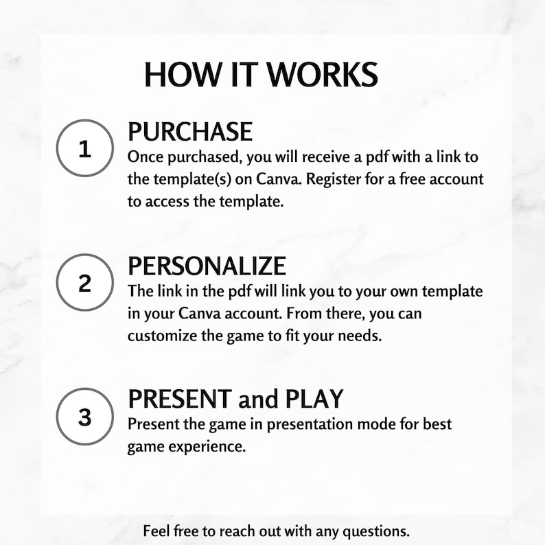 May include: A white graphic with the text "HOW IT WORKS" at the top. The graphic details the steps to purchase, personalise, and present a game template. The text is in black, with a marble-like background.