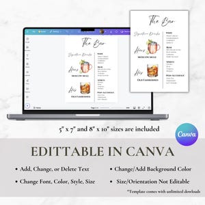 May include: Editable printable sign for a bar with the text "The Bar" and "Signature Drinks". The sign features two drink options, "Hers" Moscow Mule and "His" Old Fashioned, with watercolor illustrations of the drinks. The sign is available in two sizes, 5" x 7" and 8" x 10".