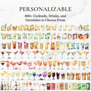 May include: A digital illustration of over 400 cocktails, drinks, and garnishes. The image features a variety of beverages, including alcoholic and non-alcoholic drinks, as well as various garnishes. The drinks are depicted in a watercolor style, with vibrant colors and realistic details.