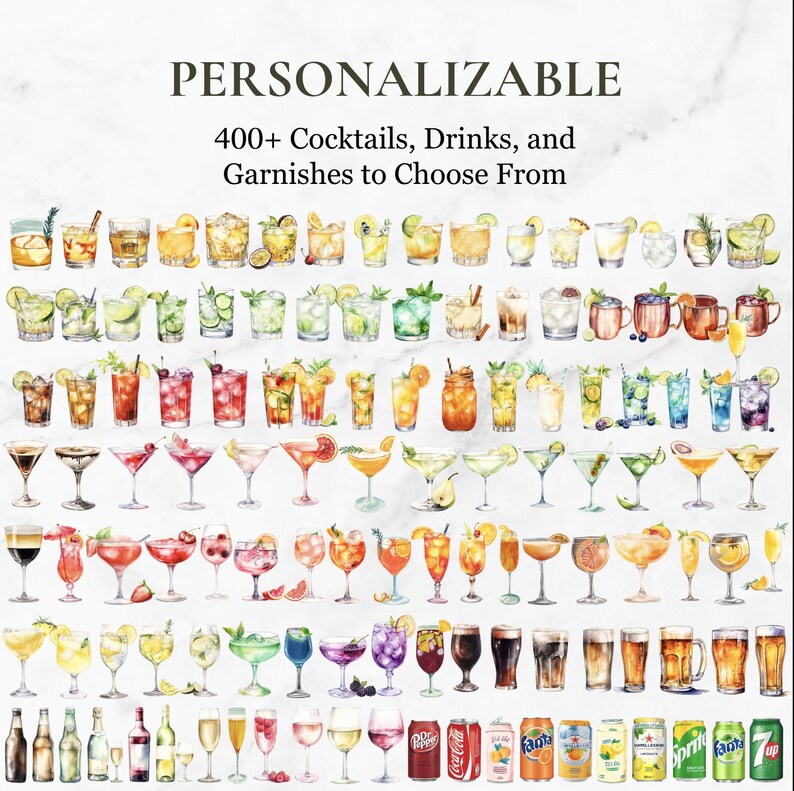 May include: A digital illustration of over 400 cocktails, drinks, and garnishes. The image features a variety of beverages, including alcoholic and non-alcoholic drinks, as well as various garnishes. The drinks are depicted in a watercolor style, with vibrant colors and realistic details.