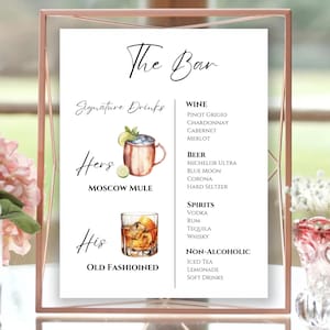 May include: A printable sign for a bar with the title "The Bar" and a list of signature drinks, wine, beer, spirits, and non-alcoholic options. The sign features illustrations of a Moscow Mule and an Old Fashioned.