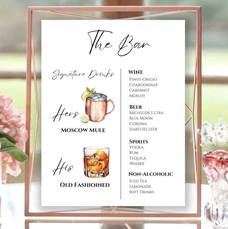 May include: A printable sign for a bar with the title "The Bar" and a list of signature drinks, wine, beer, spirits, and non-alcoholic options. The sign features illustrations of a Moscow Mule and an Old Fashioned.