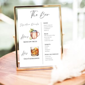 May include: A printable sign for a wedding or party bar menu with the title "The Bar" and the text "Signature Drinks". The sign lists drinks for "Hers" and "His" with illustrations of a Moscow Mule and an Old Fashioned. The sign also lists wine, beer, spirits, and non-alcoholic options.