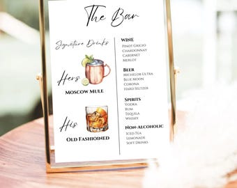 Signature Drink Menu Template, Modern Editable Drink Menu, Wedding Drink Menu Sign Download, Custom Wedding Bar, 400+ Images, Canva Bar Sign