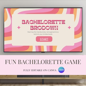 Op de afbeelding: Een digitaal scherm toont een vrijgezellenfeestspel met de tekst "BACHELORETTE BRODOWN" in roze. Het spel heeft een retro-ontwerp met roze, oranje en witte golvende lijnen. De tekst "START" staat op een roze knop. Hieronder staat "FUN BACHELORETTE GAME".