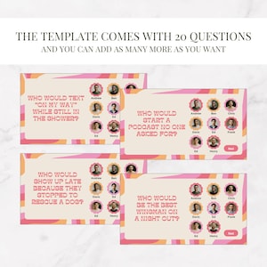May include: Four cards with questions and answers, in a retro design with pink, orange, and cream colours. The cards ask questions such as "Who would text 'on my way' while still in the shower?" and include names for answers.