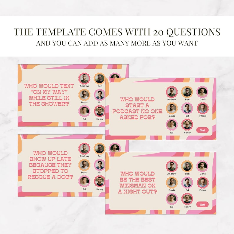 May include: Four cards with questions and answers, in a retro design with pink, orange, and cream colours. The cards ask questions such as "Who would text 'on my way' while still in the shower?" and include names for answers.