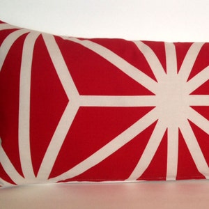 May include: A red and white geometric patterned lumbar pillow. The pillow has a white starburst design on a red background.