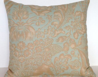 16" x 16" Cowtan and Tout Square Throw Pillow Cover Floral Flowers Damask French Country English Cottage Robin Egg Blue Beige Florentina